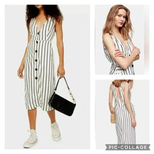 TopShop Striped V-neck Low Back Button Down dress with pockets women’s size 4